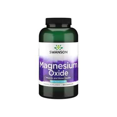 A bottle of Swanson's Magnesium Oxide 200 mg, containing 500 capsules, is a key mineral supplement for muscle and bone health, supporting essential enzyme reactions crucial for well-being.